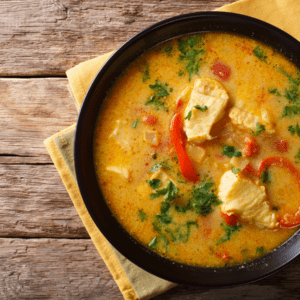 brightly colored Brazilian moqueca in black clay bowl