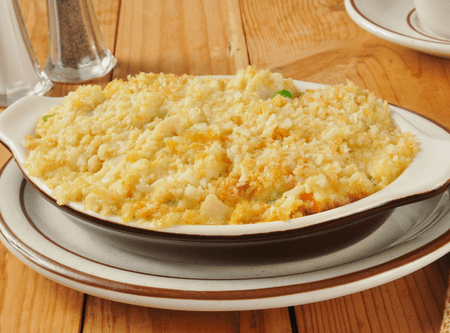 cheesy rice casserole in round dish