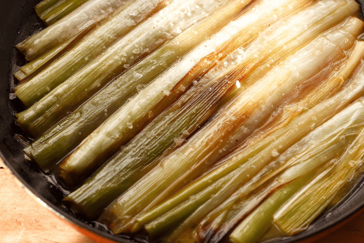 Caramelized leeks in a skillet