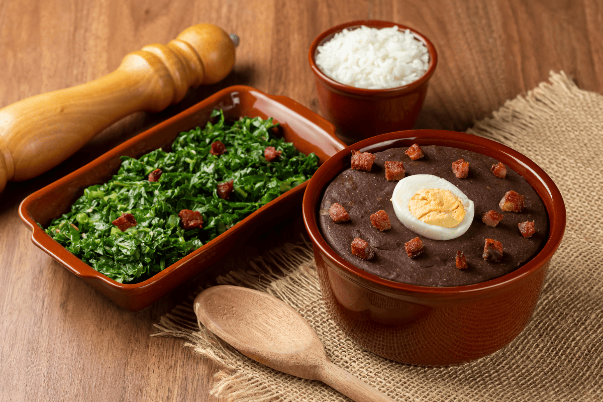 Brazilian collards alongside feijoada black bean stew and rice